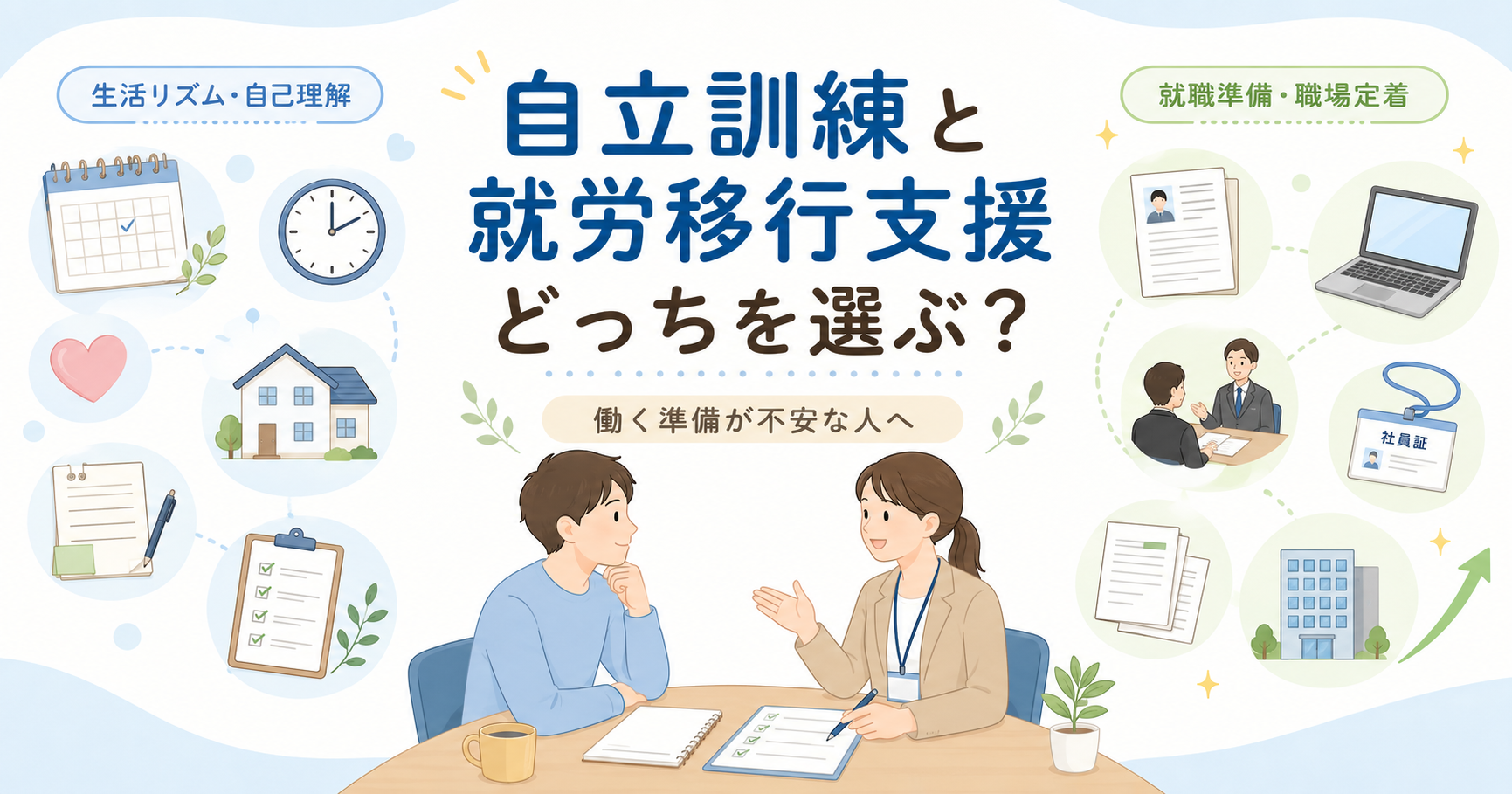 自立訓練と就労移行支援の違いを、生活リズム・自己理解と就職準備・職場定着の視点で比較したアイキャッチ画像