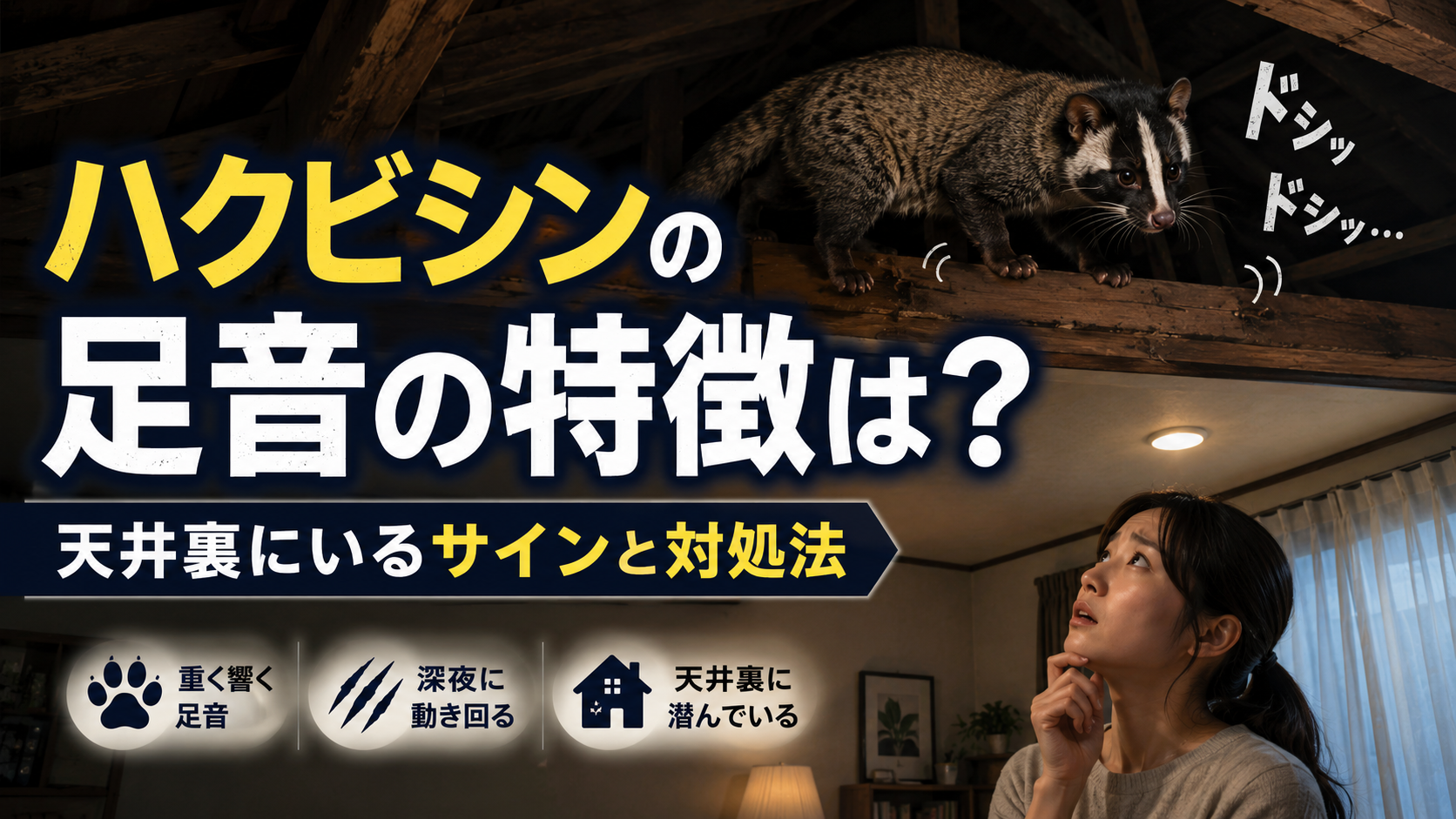 夜中に天井裏でハクビシンの足音がする原因を確認する住宅のイメージ