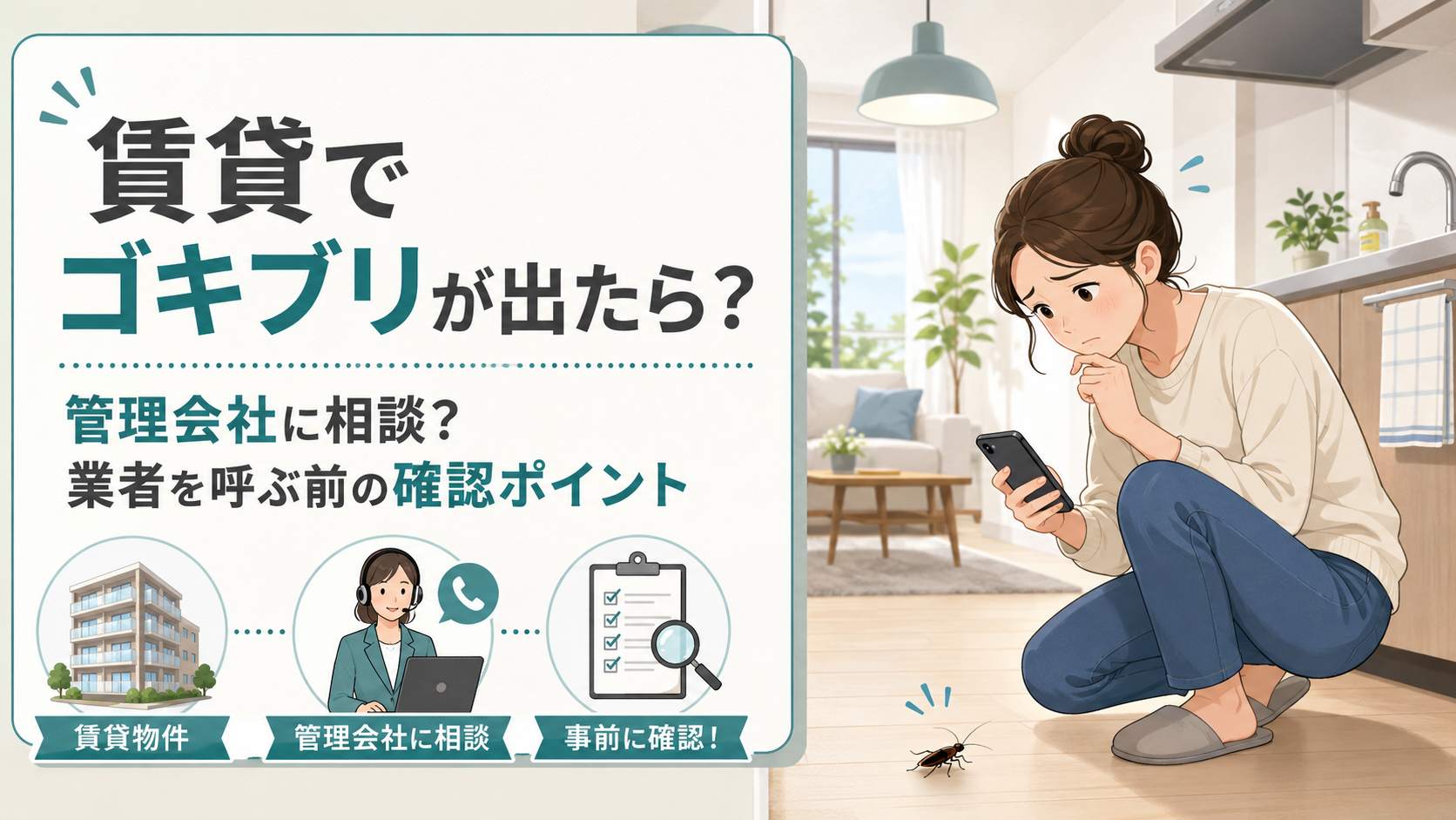 賃貸の室内でゴキブリを見つけ、管理会社へ相談するか迷っている女性と、業者を呼ぶ前の確認ポイントを示したイラスト