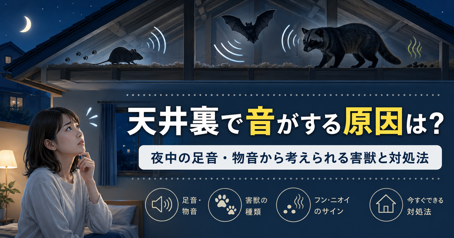 天井裏で音がする原因を夜中の足音や物音から確認する住宅のイメージ