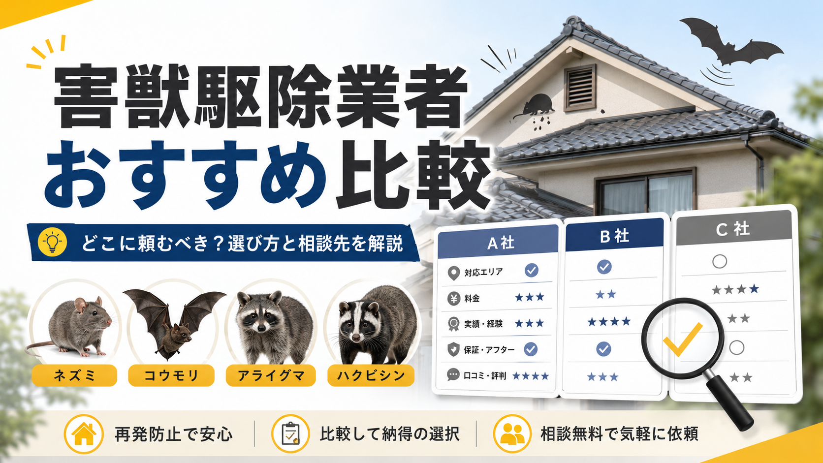 害獣駆除業者のおすすめ比較をテーマに、住宅、ネズミ、コウモリ、アライグマ、ハクビシン、業者比較表を配置したアイキャッチ画像