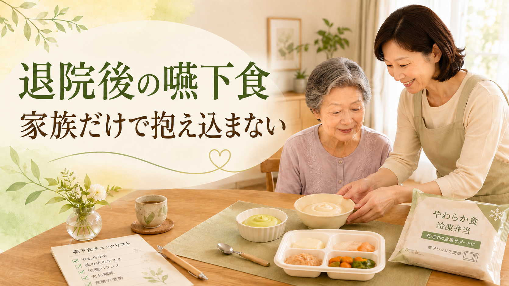 退院後の高齢者に家族が嚥下食を準備している様子。やわらかい食事、冷凍宅配食、嚥下食チェックリストが食卓に並んでいる。
