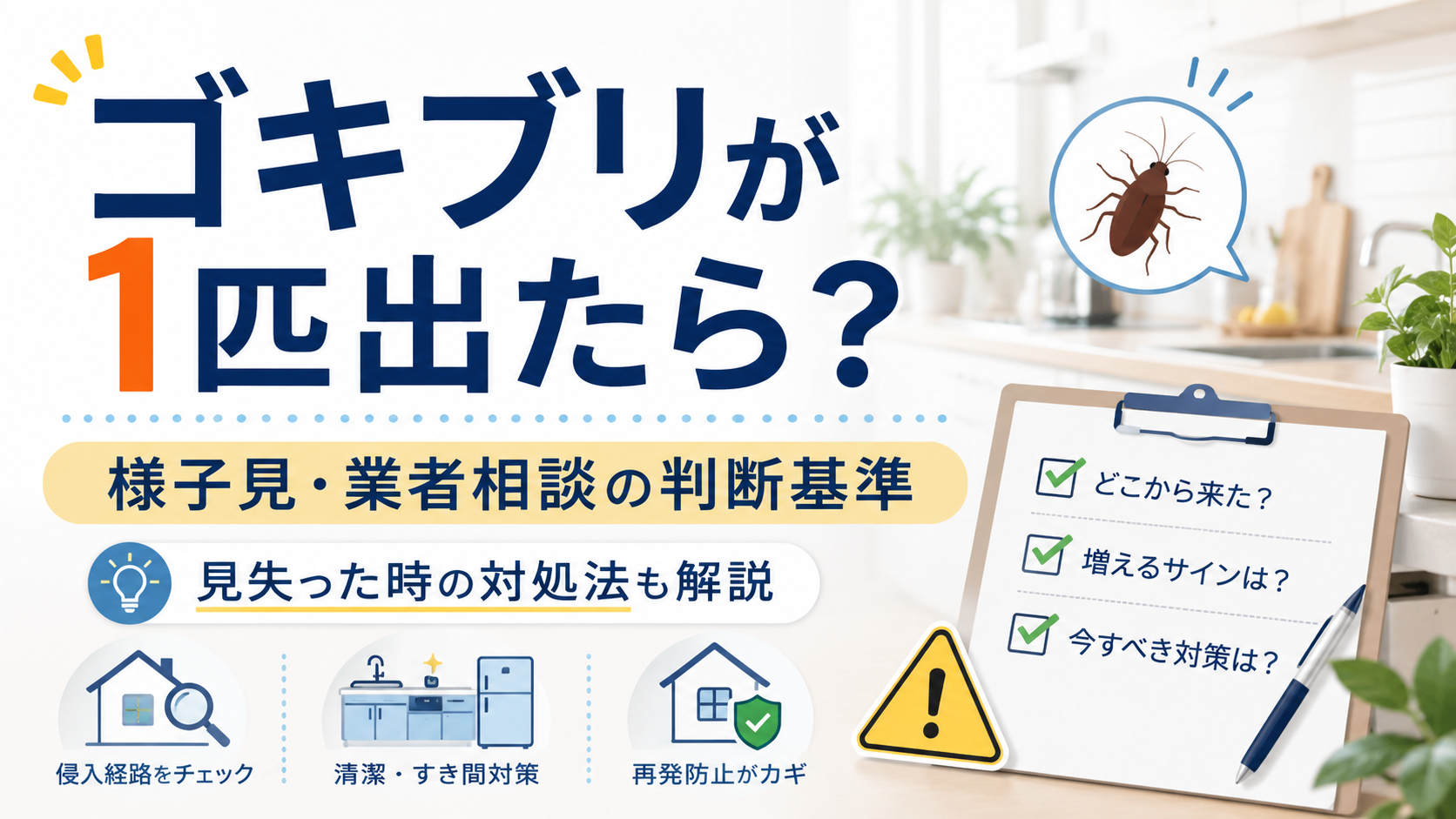 ゴキブリが1匹出たときの初動と業者相談の判断基準を示すアイキャッチ画像