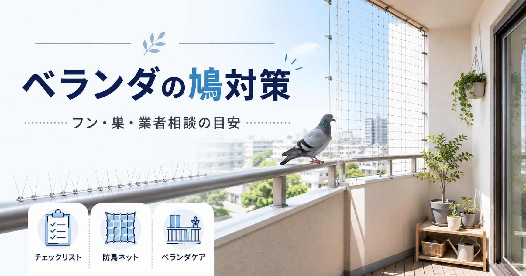 防鳥ネットを設置したベランダの手すりにいる鳩と鳩対策のイメージ