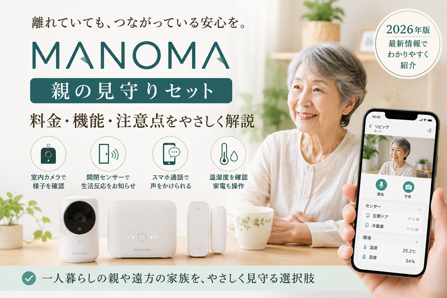 MANOMA親の見守りセットで高齢の親をカメラ・開閉センサー・スマホ通話で見守るイメージ